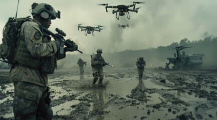 soldiers in the mud, fighting an army of drones flying overhead - obrazy, fototapety, plakaty