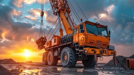 A large orange construction vehicle is parked on a muddy road - obrazy, fototapety, plakaty