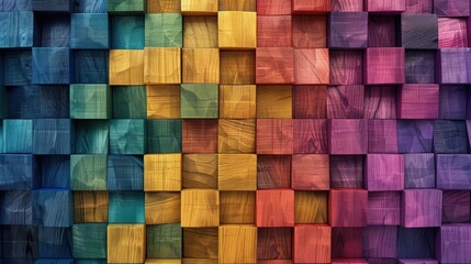 A wall showcasing a 3D checkerboard pattern of wooden cubes, alternating between deep and light rainbow colors, giving an illusion of depth.