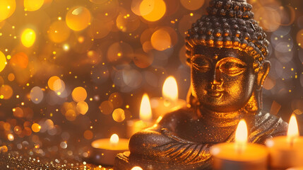 The Buddha statue, candles, and orange background on a banner commemorating Vesak Day inspire contemplation and meditation, surrounded by shimmering bokeh and sparkle, with free space