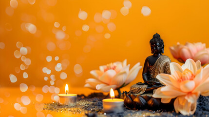 A banner featuring a Buddha statue and candles, created for rest and meditation, surrounded by shimmering bokeh and sparkle, with free space