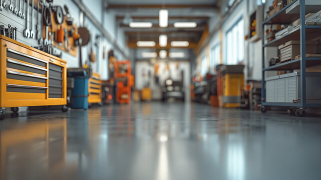 Blurred view of a modern car repair service center with shelves toolboxes and equipment in the background