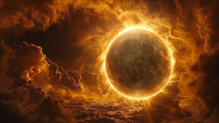 a rare astronomical phenomenon when the moon covers the sun called solar eclipse, golden crown of sun, unusual event