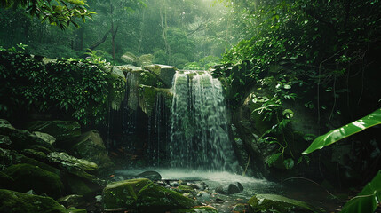 A secluded waterfall hidden deep within the jungle, its pristine waters cascading down moss-covered...
