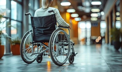 A woman in a wheelchair is walking down a hallway
