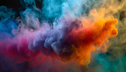 Intricate shapes of smoke against backdrop of diverse colors. Colorful cloud. - obrazy, fototapety, plakaty