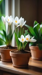 White crocus flowers in a pot on the wooden table.