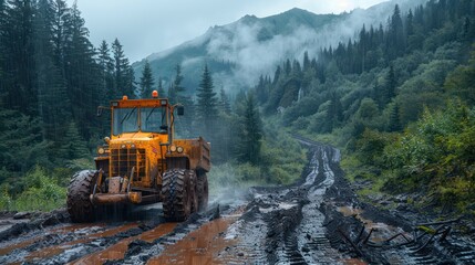 A large orange truck is driving down a muddy road