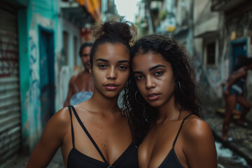 Sexy, mysterious and exotic Brazilian teenage erotic models, posing passionate in bikini in neighborhood, Favela in Rio de Janeiro, Brazil