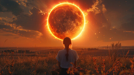 The teenage girl stands in the field and gazes into the sky, observing the total solar eclipse, an unusual and frightening natural phenomenon - obrazy, fototapety, plakaty