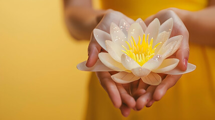close-up of a white lotus in female hands on a yellow background with glitter and copy space
