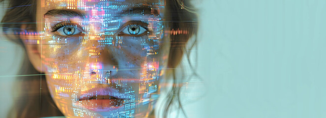 Futuristic woman face with binary code on a pale green background