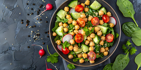 Easy and Quick Mediterranean Vegan Salad Bowl: Fresh Greens, Chickpeas, Quinoa, and Chard for a Gluten Free and High-Fiber Meal