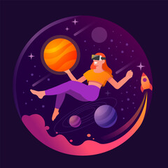 Woman wearing VR headsets floating in outer space. VR experience concept, Female characters in metaverse universe, Simulation of the virtual digital world for entertainment. Flat vector illustration