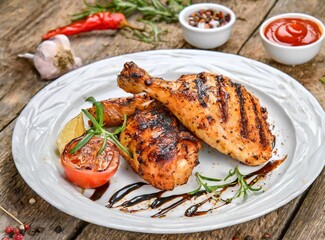 Peruvian grilled chicken dish isolated on rustic traditional wooden background. Traditional food from Peru.