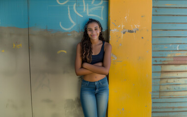 A pretty little brunette Brazilian teenage girl, black bra leans against a wall and poses for the camera in Brasilia, Brazil