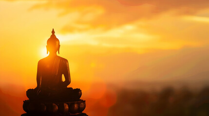 silhouette of buddha against the background of dawn with mine space - obrazy, fototapety, plakaty