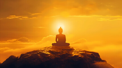  Vesak day banner with copy space, silhouette of buddha against the background of clouds illuminated by the dawn sun with space for text