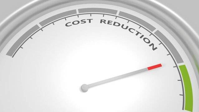 Costs reduction concept. Business finance optimisation strategy economy saving. Cost text with arrow. Instrument scale. Colorful infographic gauge element.