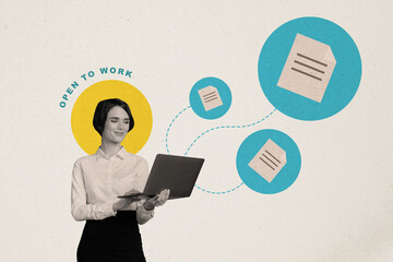 Composite photo collage of happy businesswoman hold macbook surf information material paper open to work isolated on painted background
