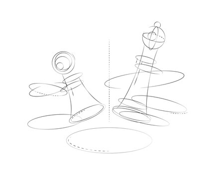 A hand-drawn concept of a chess battle. Chess pieces drawn with thin outline. Graphic schemes drawing. Vector illustration.