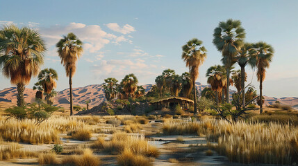A serene oasis in the arid landscape, with a cluster of palms providing refuge for wildlife in...