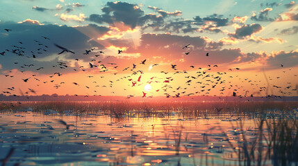 A serene marshland teeming with life, with a kaleidoscope of colorful birds taking flight against...