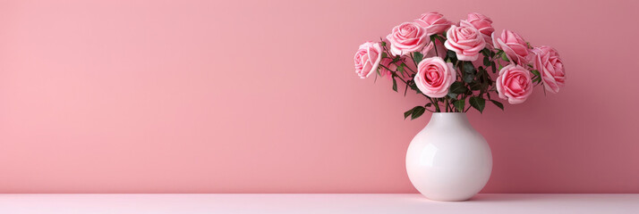 Fototapeta na wymiar pink roses in vase on pink table against pink wall background, copy space. Web banner,Valentine's Day, Happy Women's Day,Mother's Day, birthday,