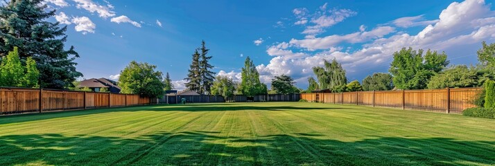 Backyard green grass area surrounded by wooden fence.