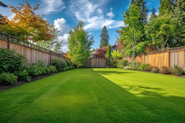 Fototapeta na wymiar Backyard green grass area surrounded by wooden fence.