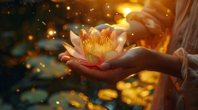 pink lotus close-up in the hands of a girl with glitter and bokeh against the backdrop of a pond with space for text
