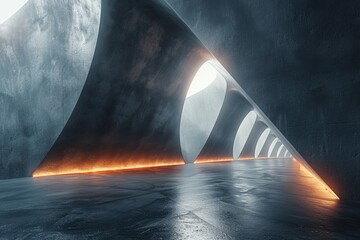 A futuristic and abstract image of a concrete corridor perspective with warm glowing lines inducing a sense of discovery and advancement