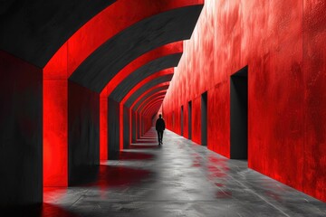An enigmatic silhouette of a person walking through a red-lit corridor with arches, evoking suspense and curiosity - 777377742