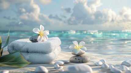 A white towel with frangipani flowers and balanced stones on a tropical beach background of the sea, on a sunny day