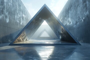 A visually appealing depiction of a luminous triangular opening within a concrete structure under a clear sky - obrazy, fototapety, plakaty