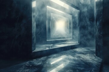 A perspective view of an endless geometric passage bathed in a soft, icy blue light, representing solitude and the unknown - 777377777