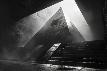 A powerful monochromatic image capturing a pyramid structure ascending from darkness into light, symbolizing hope - 777377779
