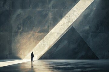 A solitary figure is dwarfed by vast architectural forms and a diagonal light ray symbolizes contemplation and perspective - 777377795