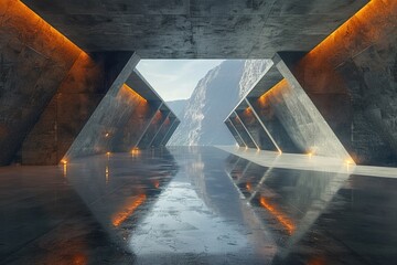 An awe-inspiring image featuring a mountain passage with symmetrical modern design and dramatic illumination - 777377921
