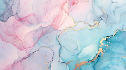 Beautiful alcohol ink background, pastel blue and pink color with gold veins