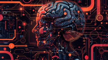 AI robot's brain showcases technological evolution through a complex circuit illustration