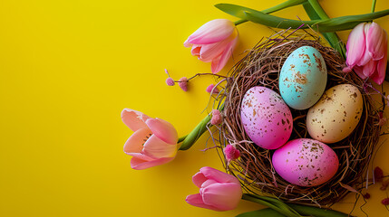 Easter - decorated Eggs In nest with pink tulips on yellow background. Simple minimalism flat lay top view copy space banner.