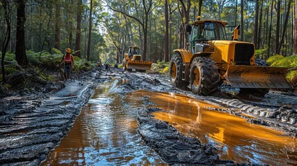 A muddy road with a yellow tractor and a man in an orange vest