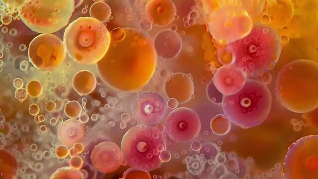 A highly magnified image of tiny algae cells each one containing tiny specks of pink and orange pigments tered throughout. . AI generation.