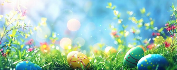 Easter background with colorful eggs in green grass, blue sky and blurred flowers on the edges, copy space