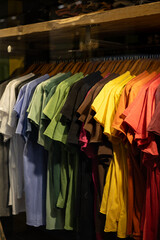 Colorful T-shirts on wooden hanger hanging on clothing rack in the store. Clothing, style, fashion, shopping concept. Collection of multi-colored summer t-shirts