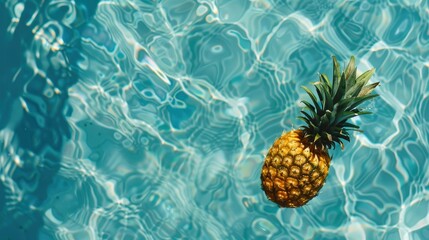 One pineapple floating in the water, top view, with a turquoise background. water ripples and light reflections on the water surface.