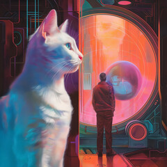 Surreal artwork of a large white cat and a human figure in a vibrant, technological setting, perfect for illustrations, covers, themes of futurism, alternate realities, and the intersection of nature 