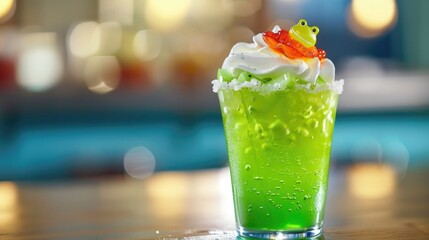 Green cocktail with whipped cream and frog candy decoration.