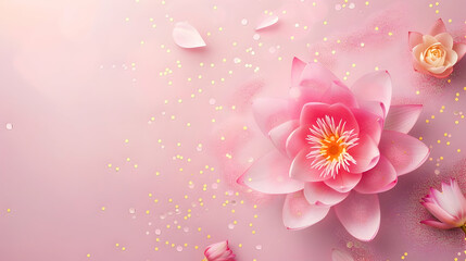 close-up of pink lotus on pink background with glitter and bokeh top view and copy space